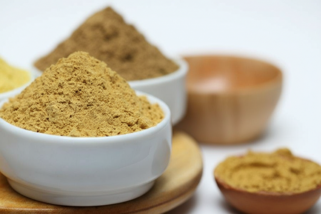 Polvos de plantas naturales pigmentarias para coloración vegetal - ingredientes de plantas medicinales en cuencos cerámicos blancos